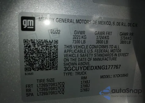 2022 Chevrolet Silverado 1500 Ltd 4Wd Short Bed Lt из США, поврежденный, VIN 3GCUYDEDXNG177767